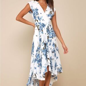 Lulus French Countryside White Blue Floral Print High-Low Dress V-Neck